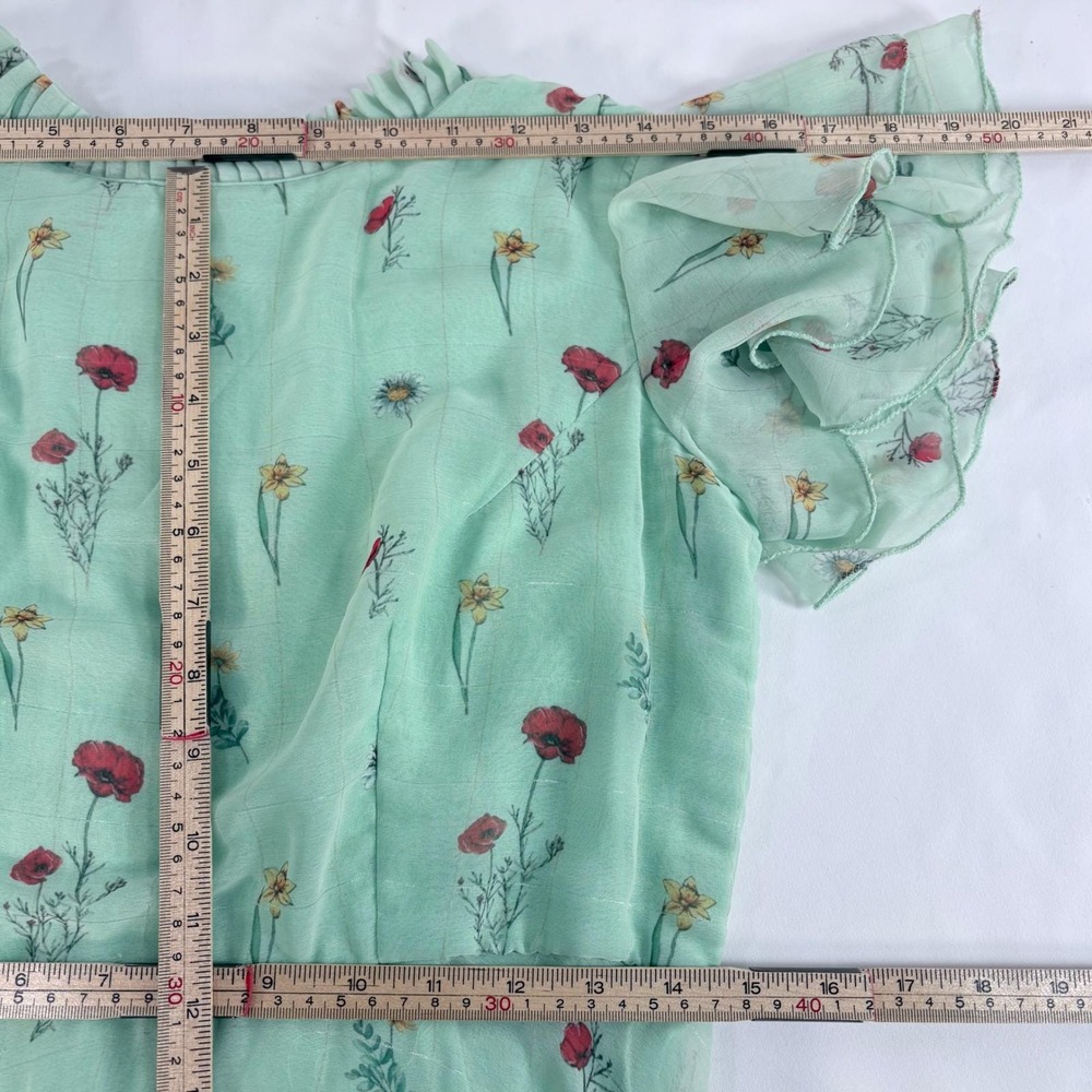 Handmade Vintage Midi Dress Mint Green Floral Poppy Ruffle Flutter Sleeve - Picture 4 of 9